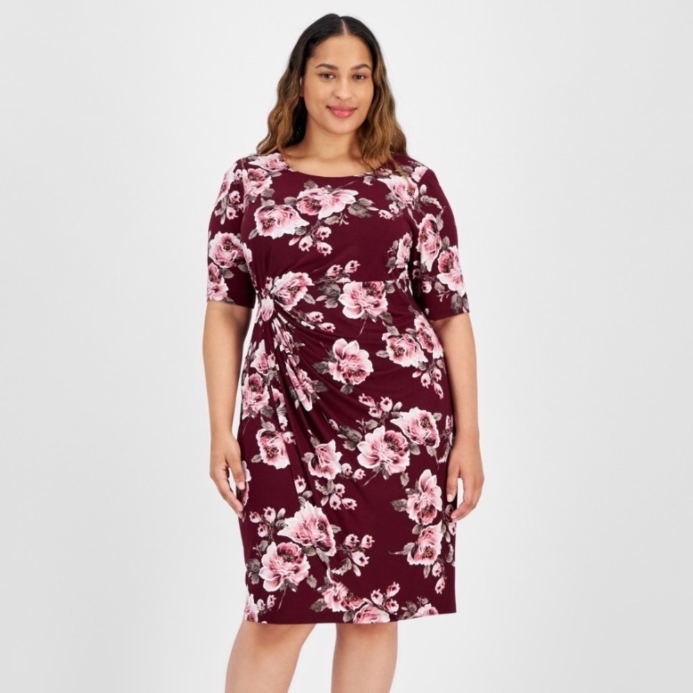 Connected Apparel Floral Sheath Dress Womens 20W NWT Merlot Drape Waist MSRP $79